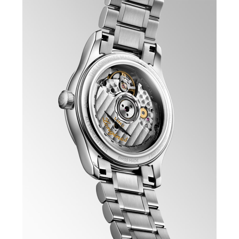 Longines stainless steel automatic watch with a mother of pearl diamond index dial on a white background