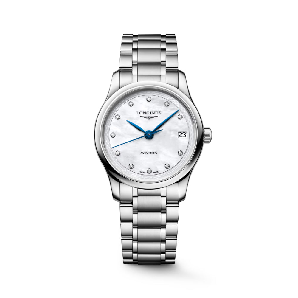 Longines stainless steel automatic watch with a mother of pearl diamond index dial on a white background