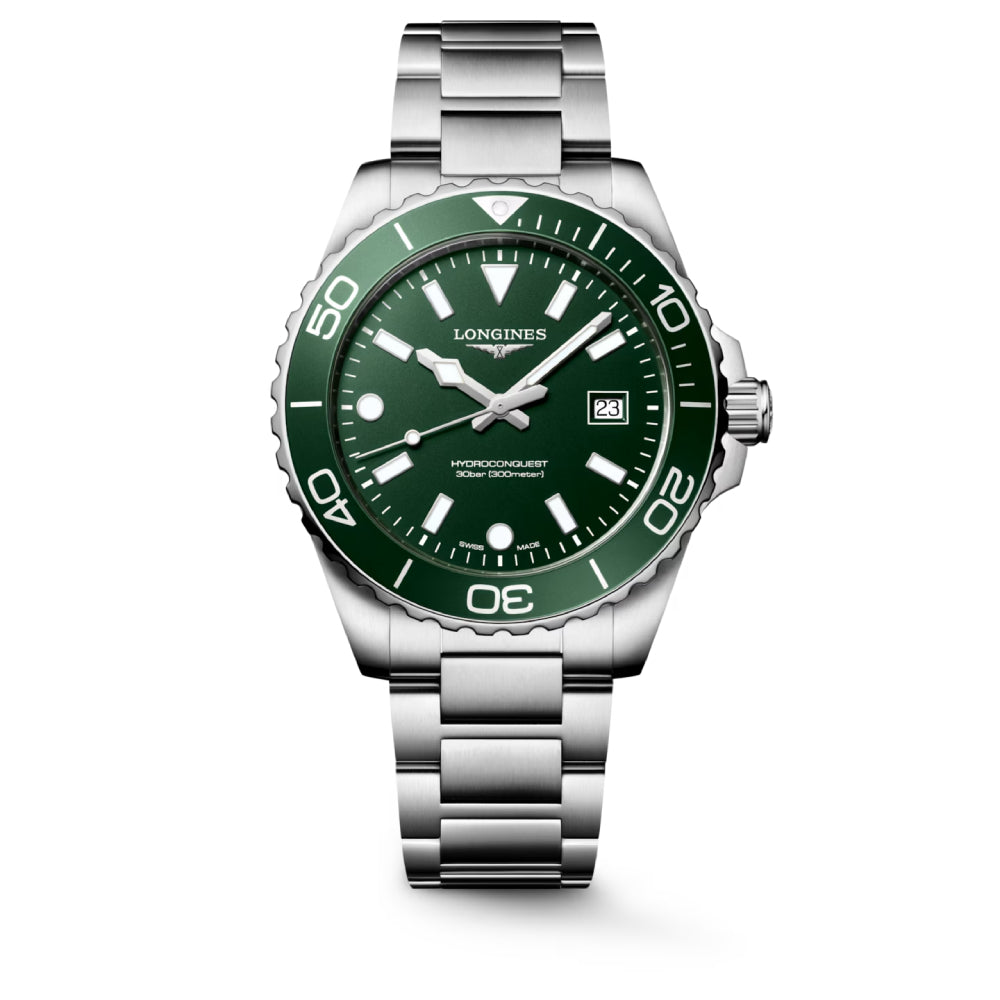 Longines watch with green dial and silver bracelet on a white background
