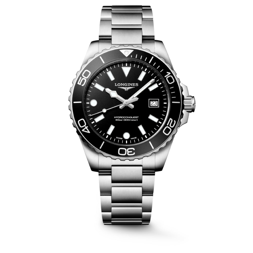 Longines HydroConquest watch with black dial and silver bracelet on a white background