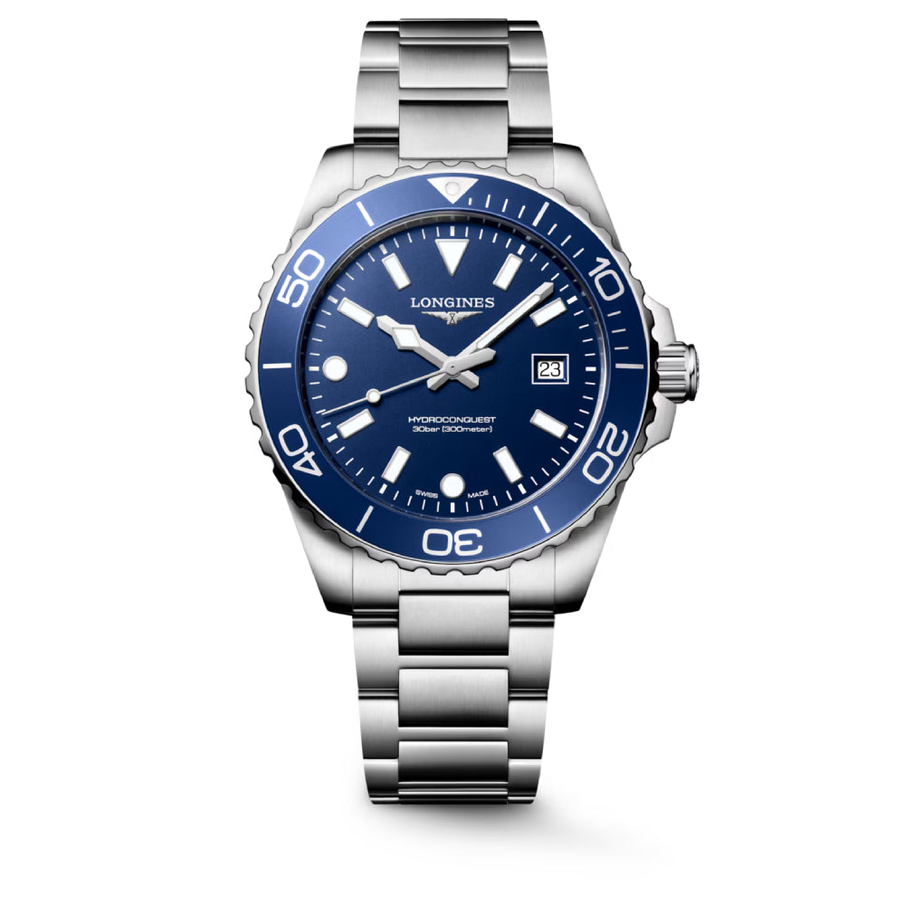 Longines watch with blue dial and silver bracelet on a white background