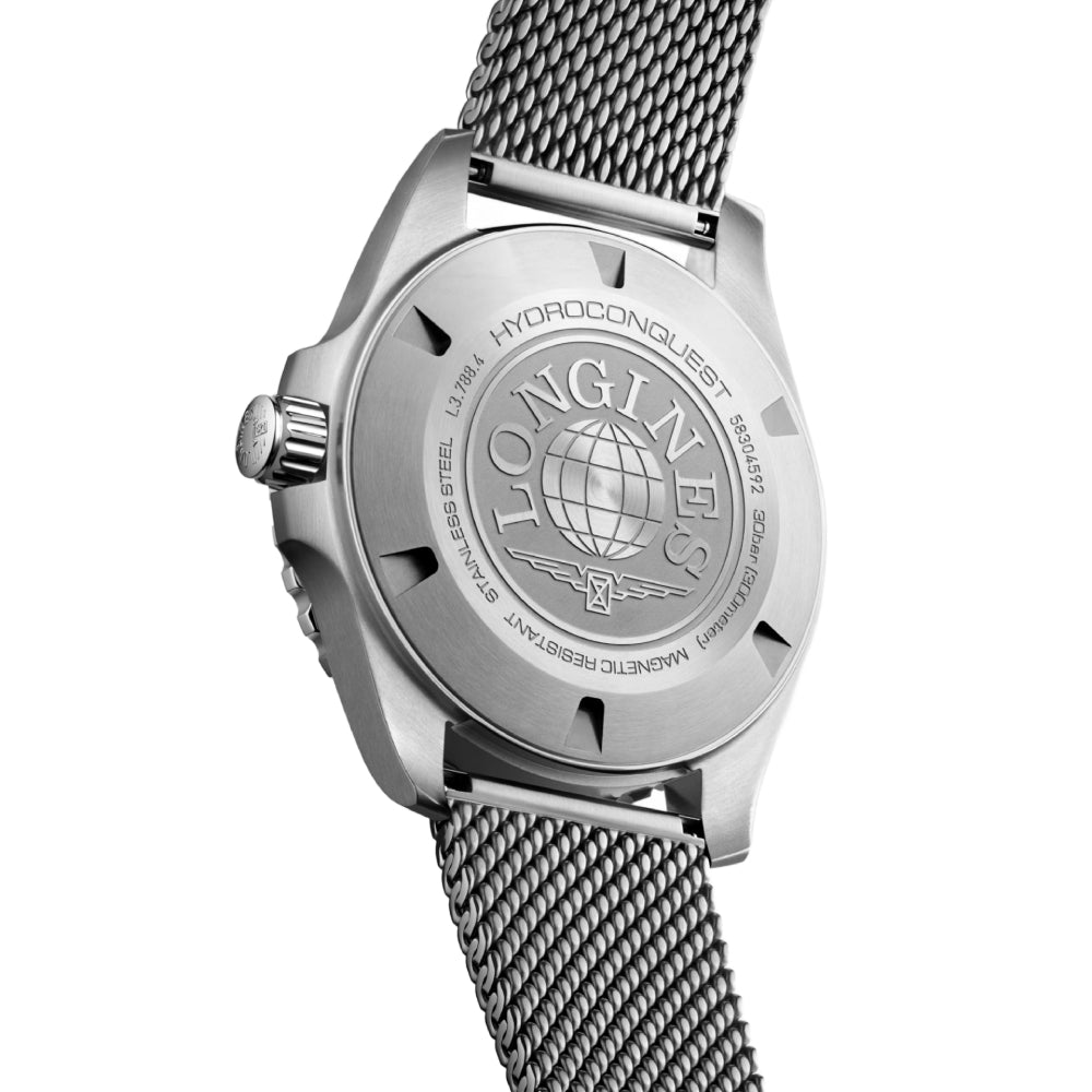 Silver watch with mesh band and visible brand logo on a white background