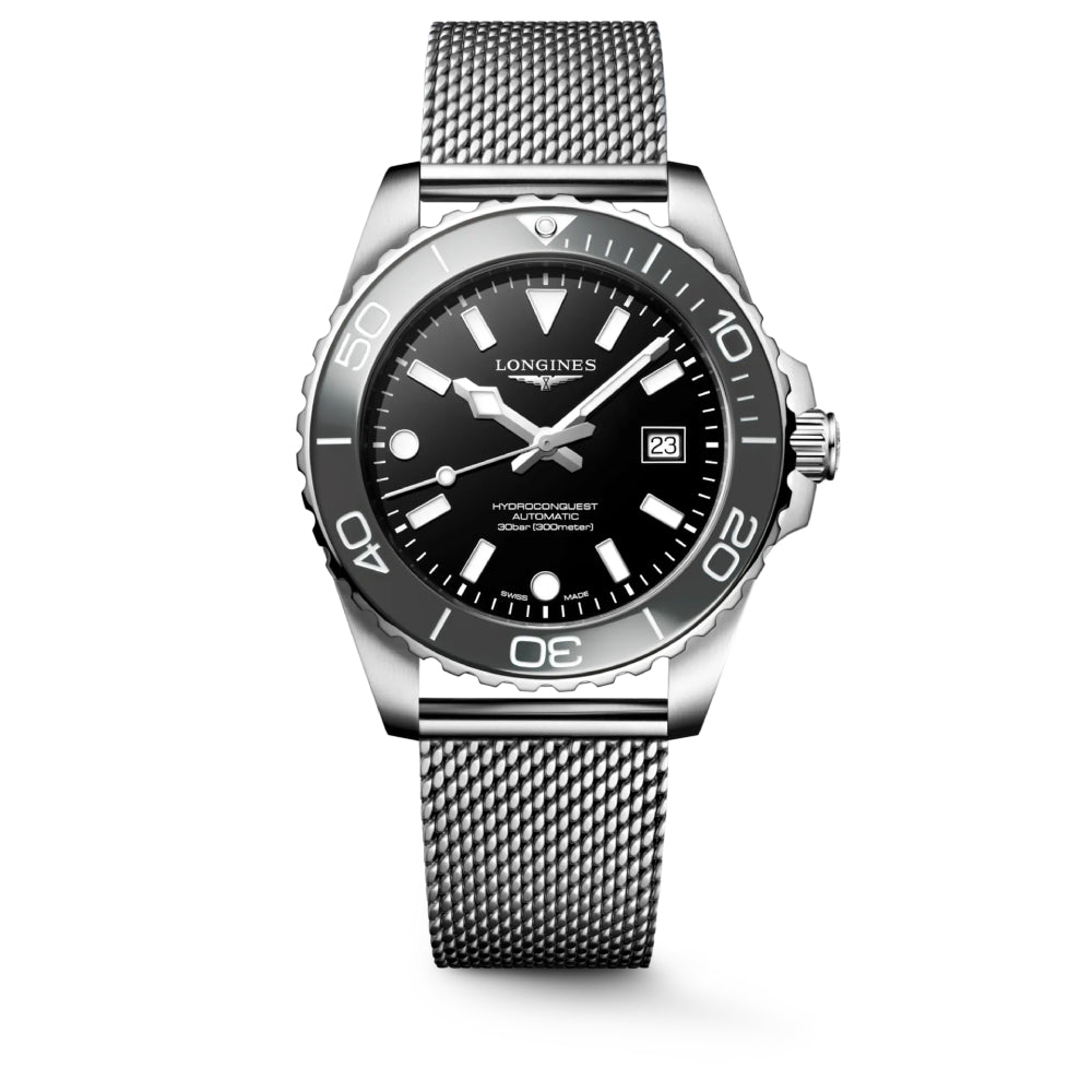 Longines watch with black dial and silver mesh band on a white background