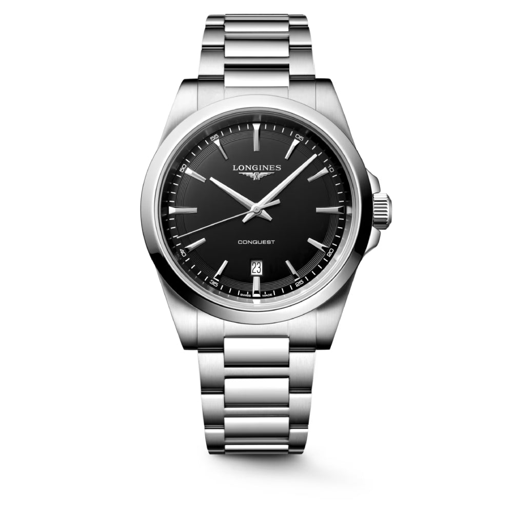 Longines stainless steel watch with a black sandblasted texture dial on a white background