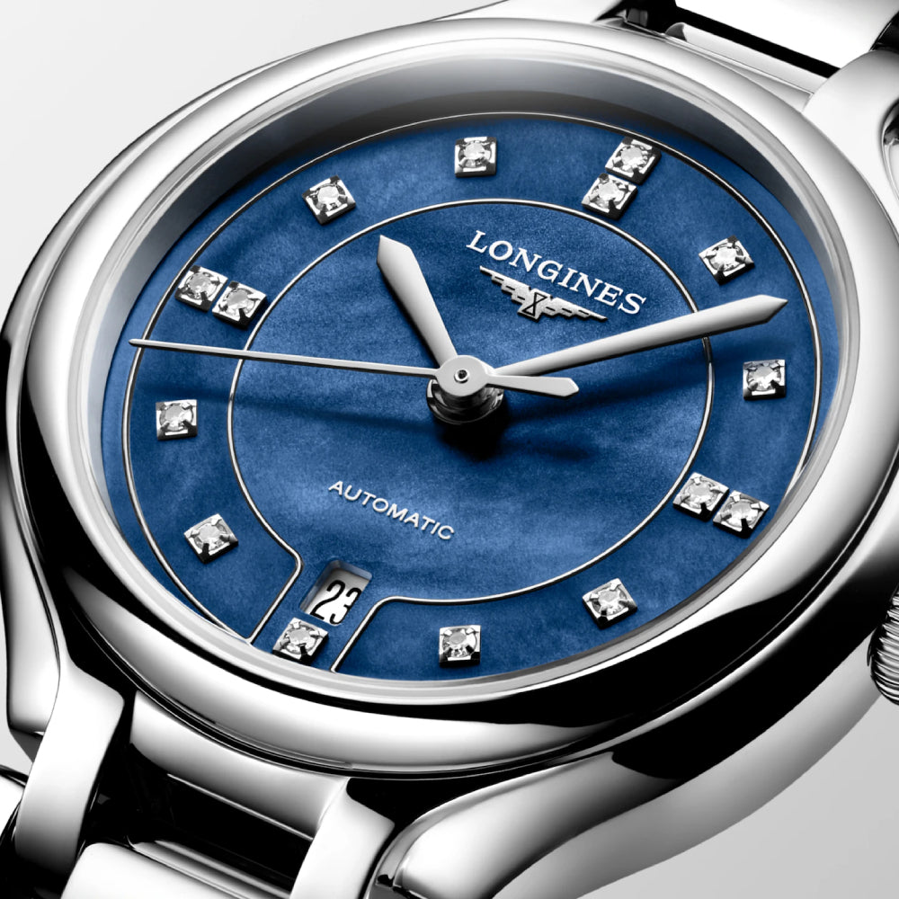 Longines stainless steel automatic watch with a blue diamond mother of pearl dial on a white background
