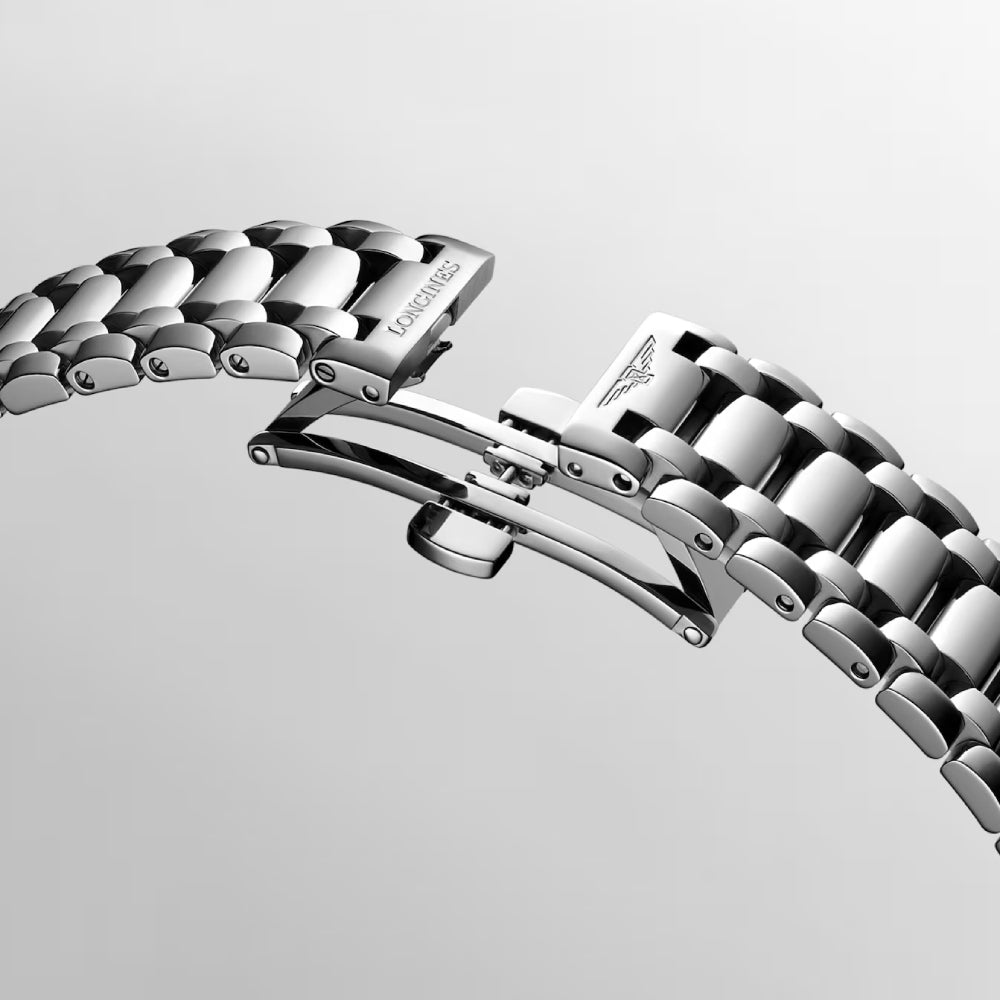 Longines stainless steel automatic watch with a blue diamond mother of pearl dial on a white background