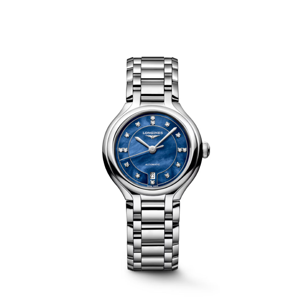 Longines stainless steel automatic watch with a blue diamond mother of pearl dial on a white background
