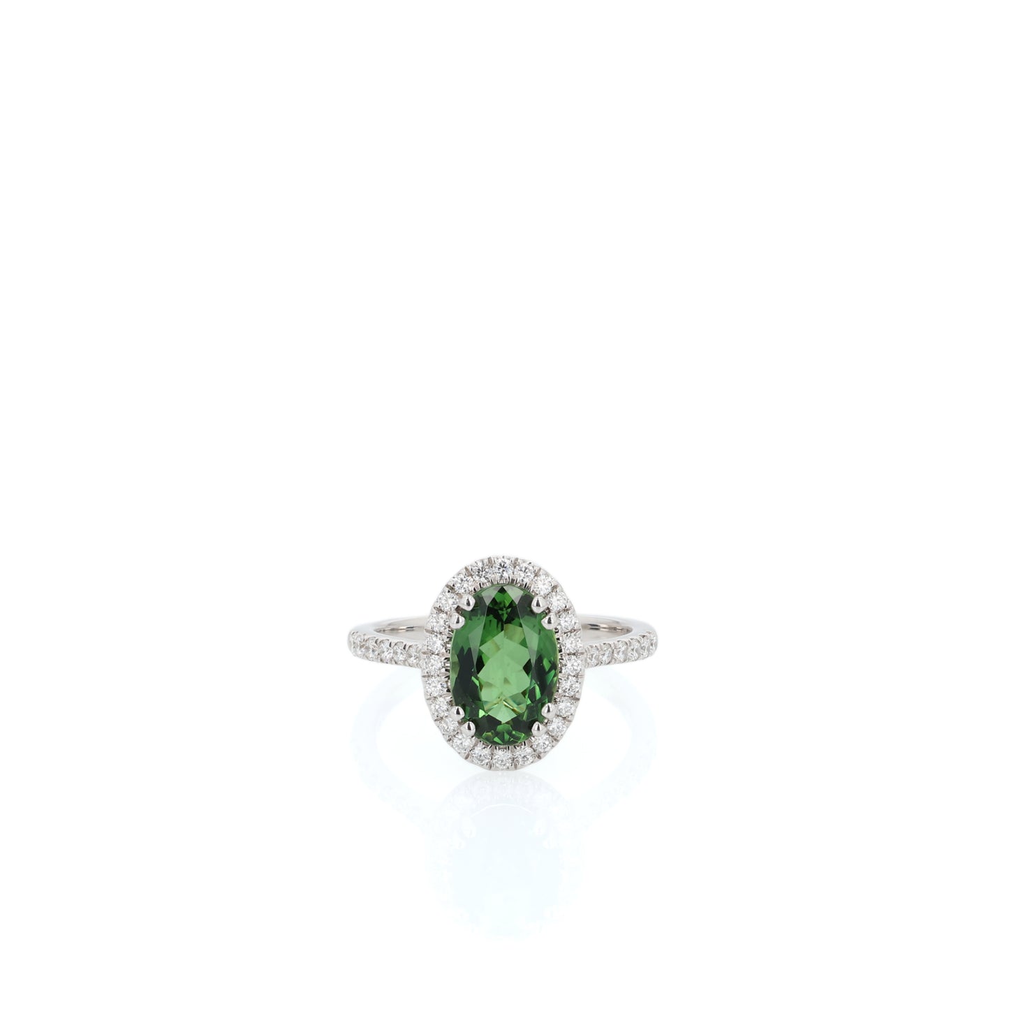 14k White Gold Oval Chrome Tourmaline and Diamond Halo Ring