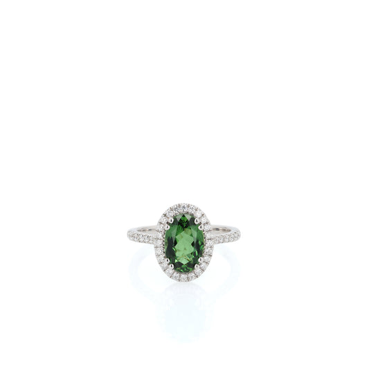 14k White Gold Oval Chrome Tourmaline and Diamond Halo Ring