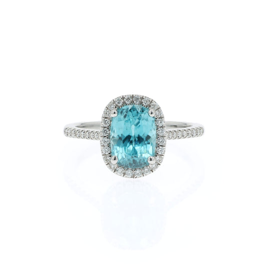 14k Gold Oval Blue Zircon and Diamond Halo Ring