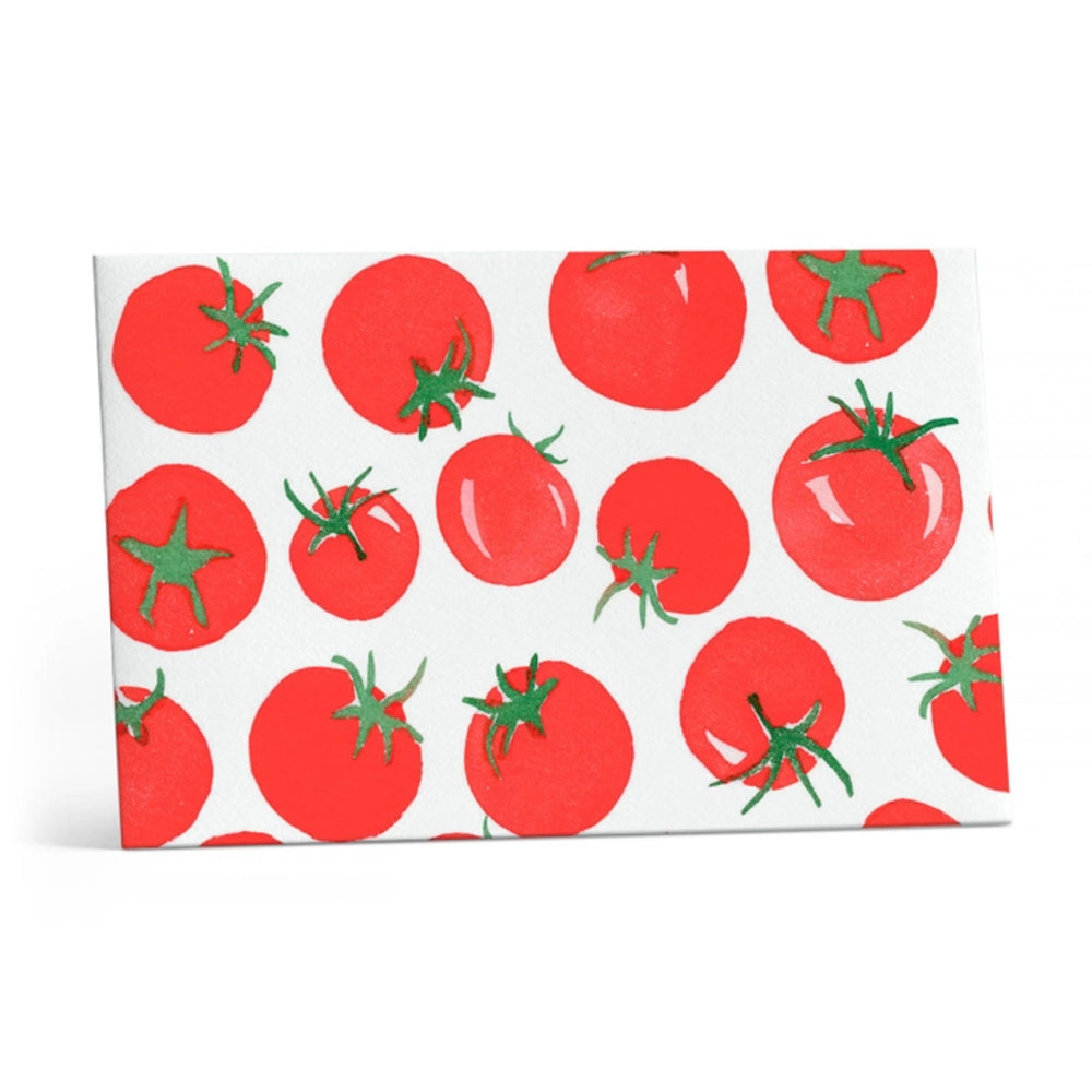 Note Card  packaging with red tomato pattern on a white background.