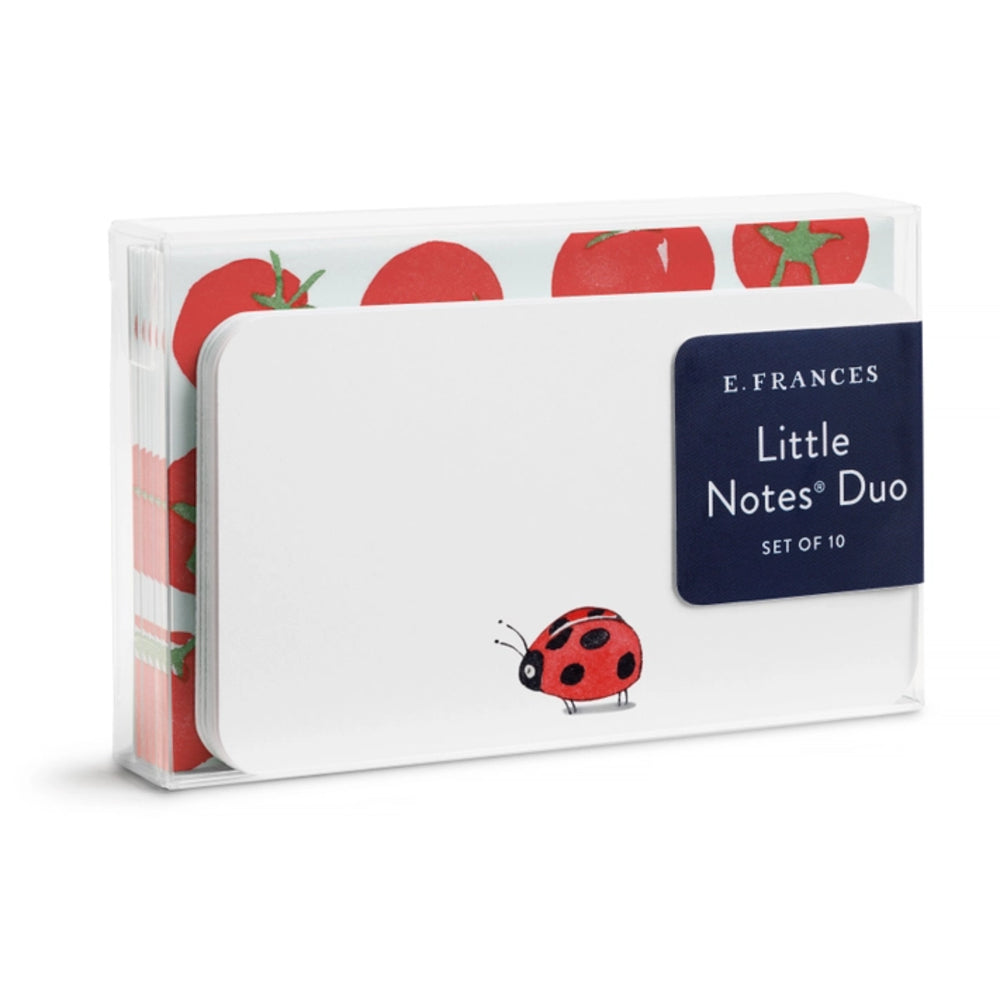 Packaging of E. Frances Little Notes Duo with tomato design and ladybug illustration on a white background.