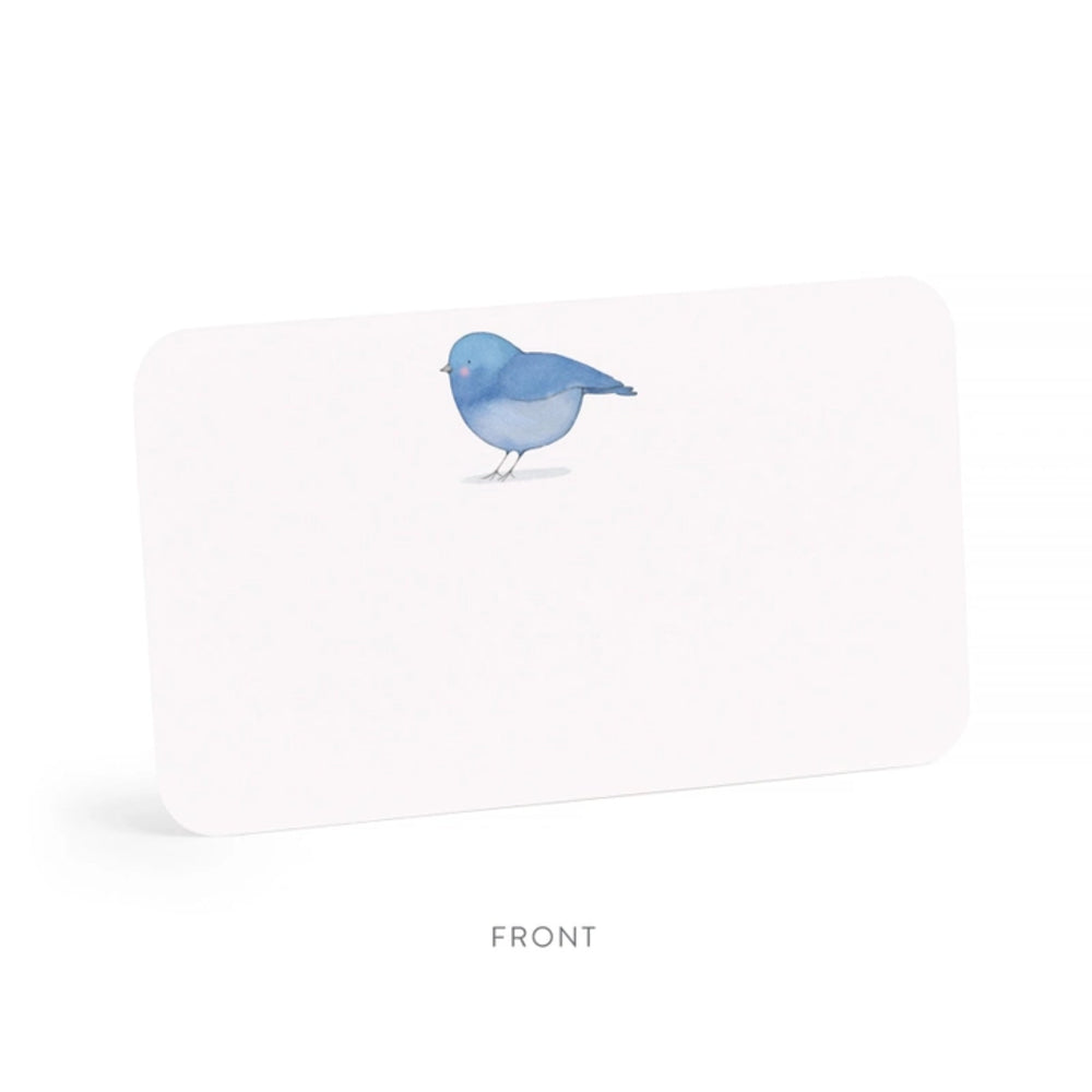 White card with a blue bird illustration on a white background.