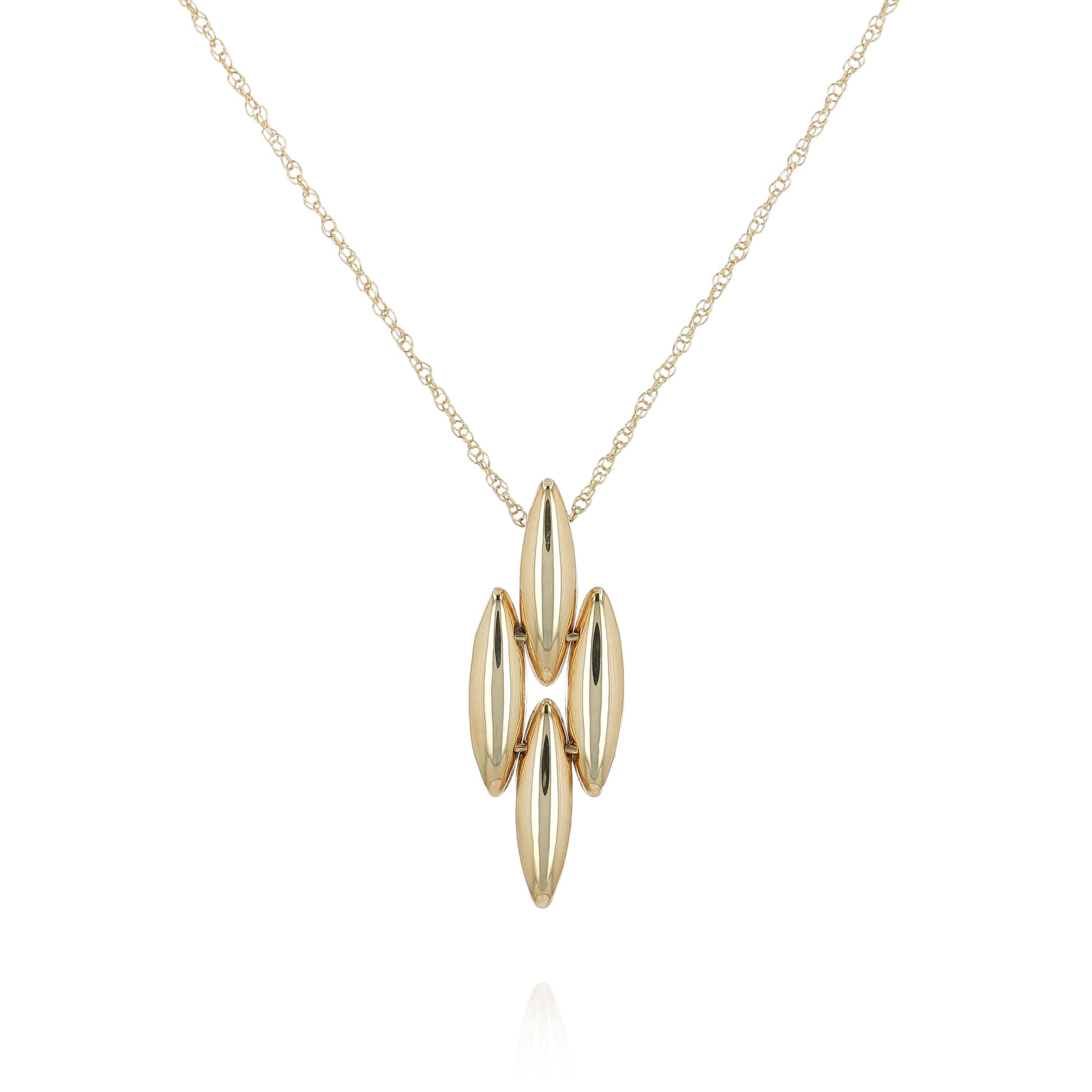 Gold necklace with a polished elongated link pendant on a white background