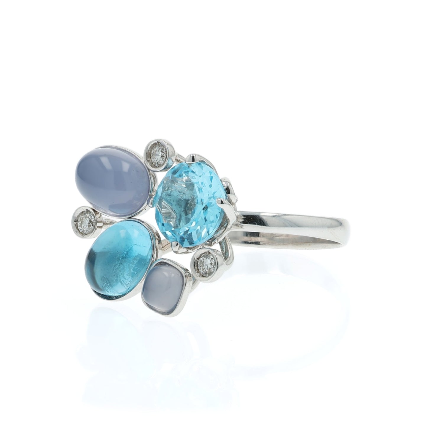 18k Gold Blue Topaz, Quartz and Diamond Ring
