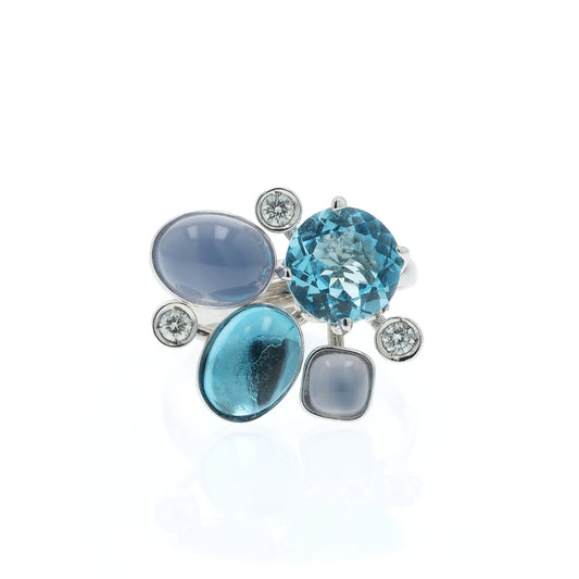 18k Gold Blue Topaz, Quartz and Diamond Ring
