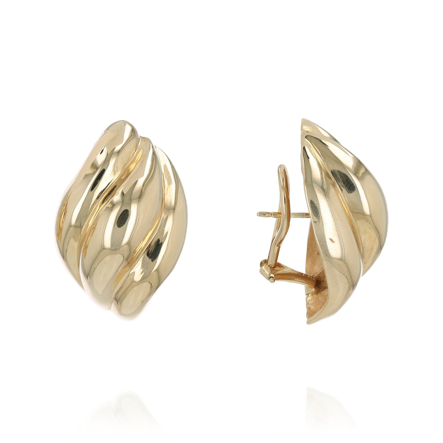 Gold tapered ribbed design earrings on a white background