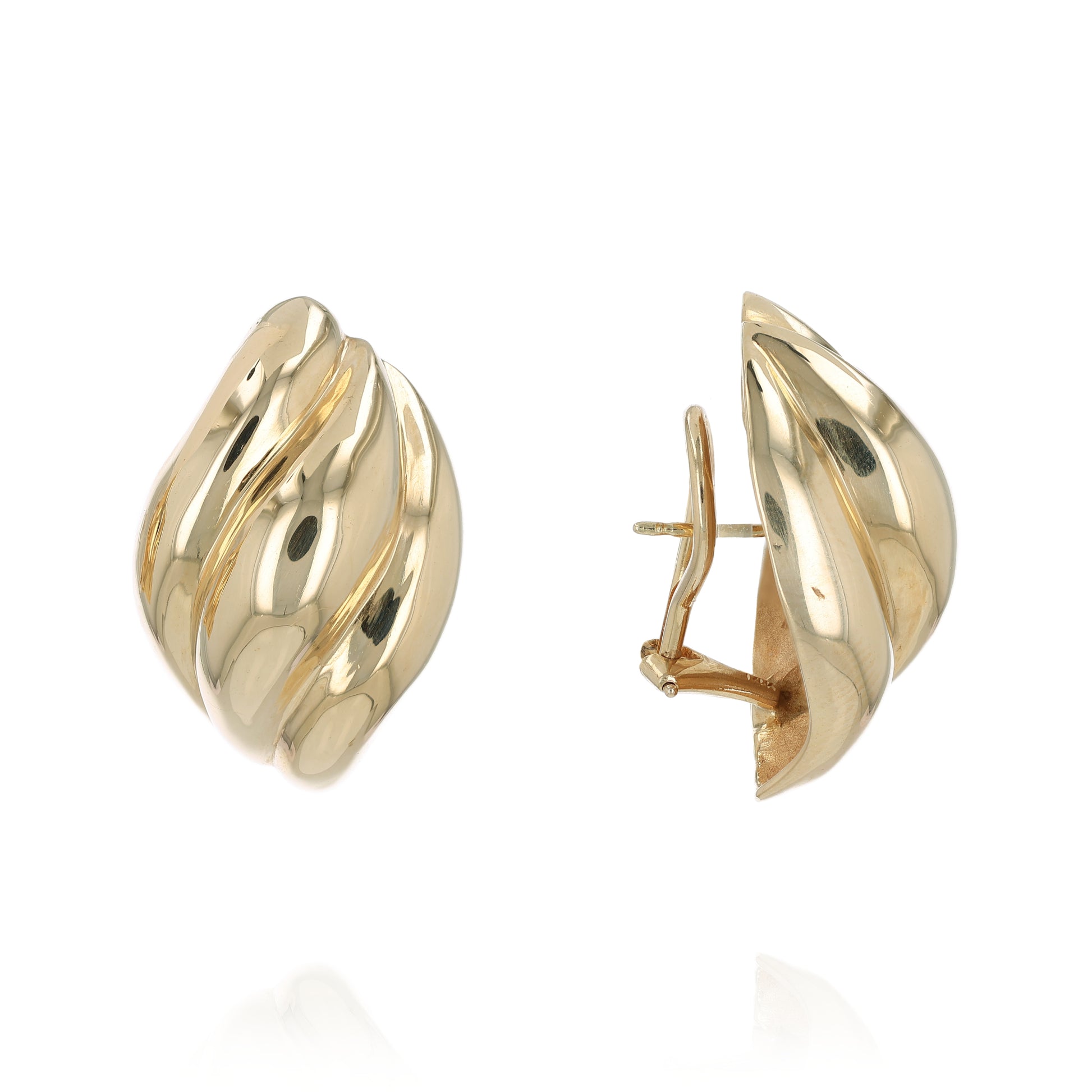 Gold tapered ribbed design earrings on a white background