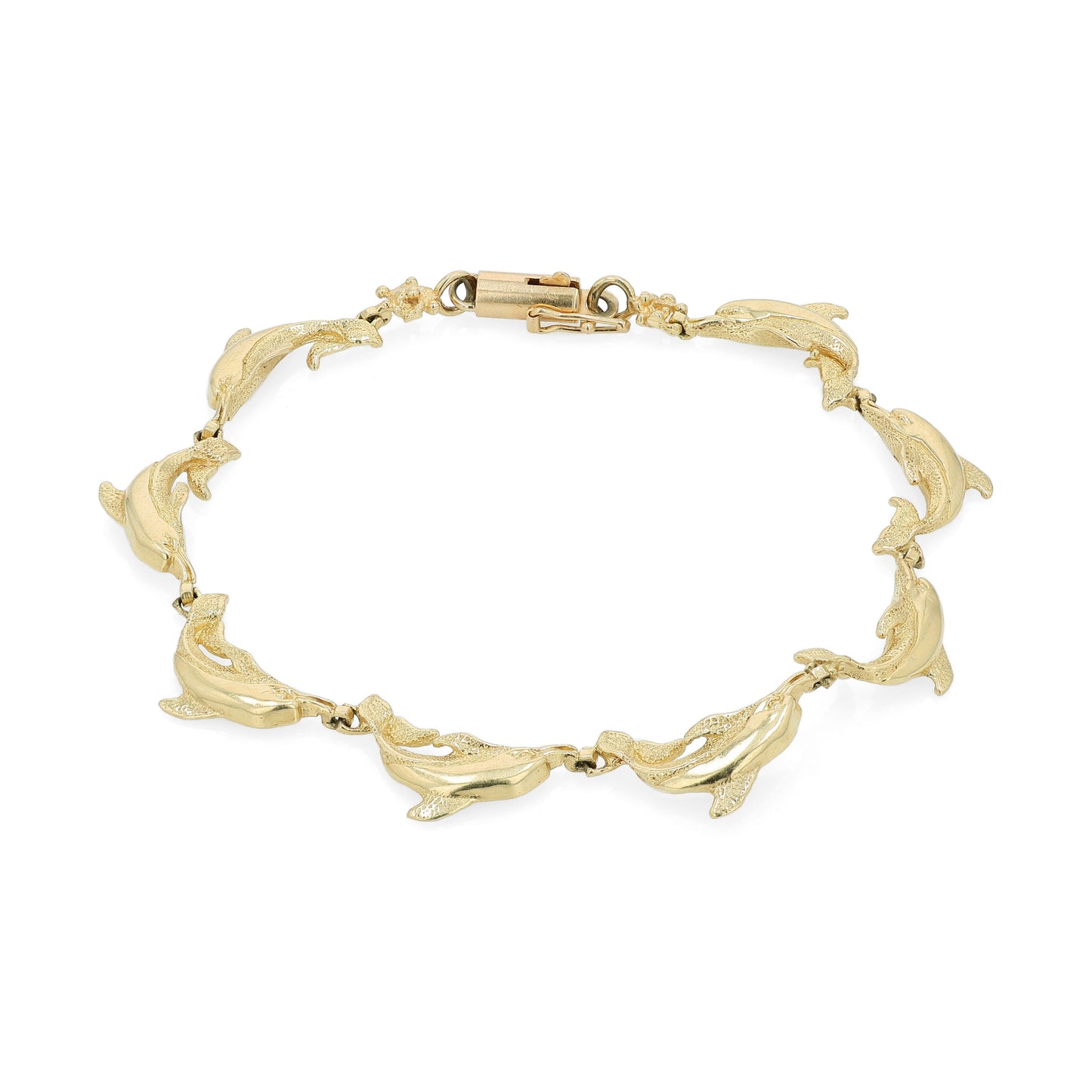 Yellow gold dolphin link bracelet on a white background
