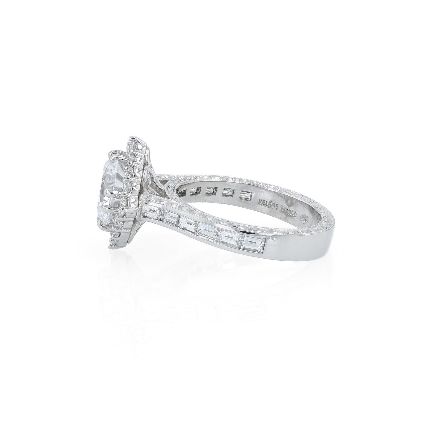 Platinum diamond halo engagement ring with diamond accents and a round cubic zirconia center on a white background