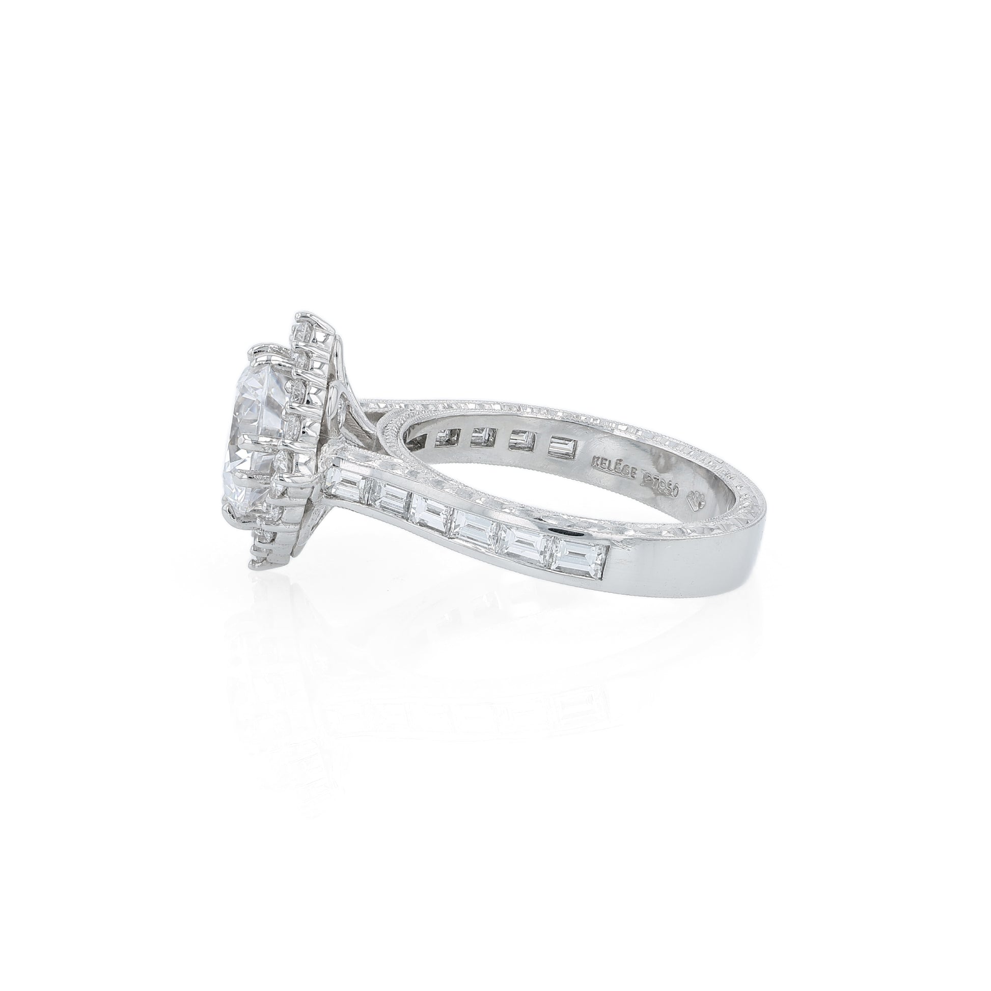 Platinum diamond halo engagement ring with diamond accents and a round cubic zirconia center on a white background