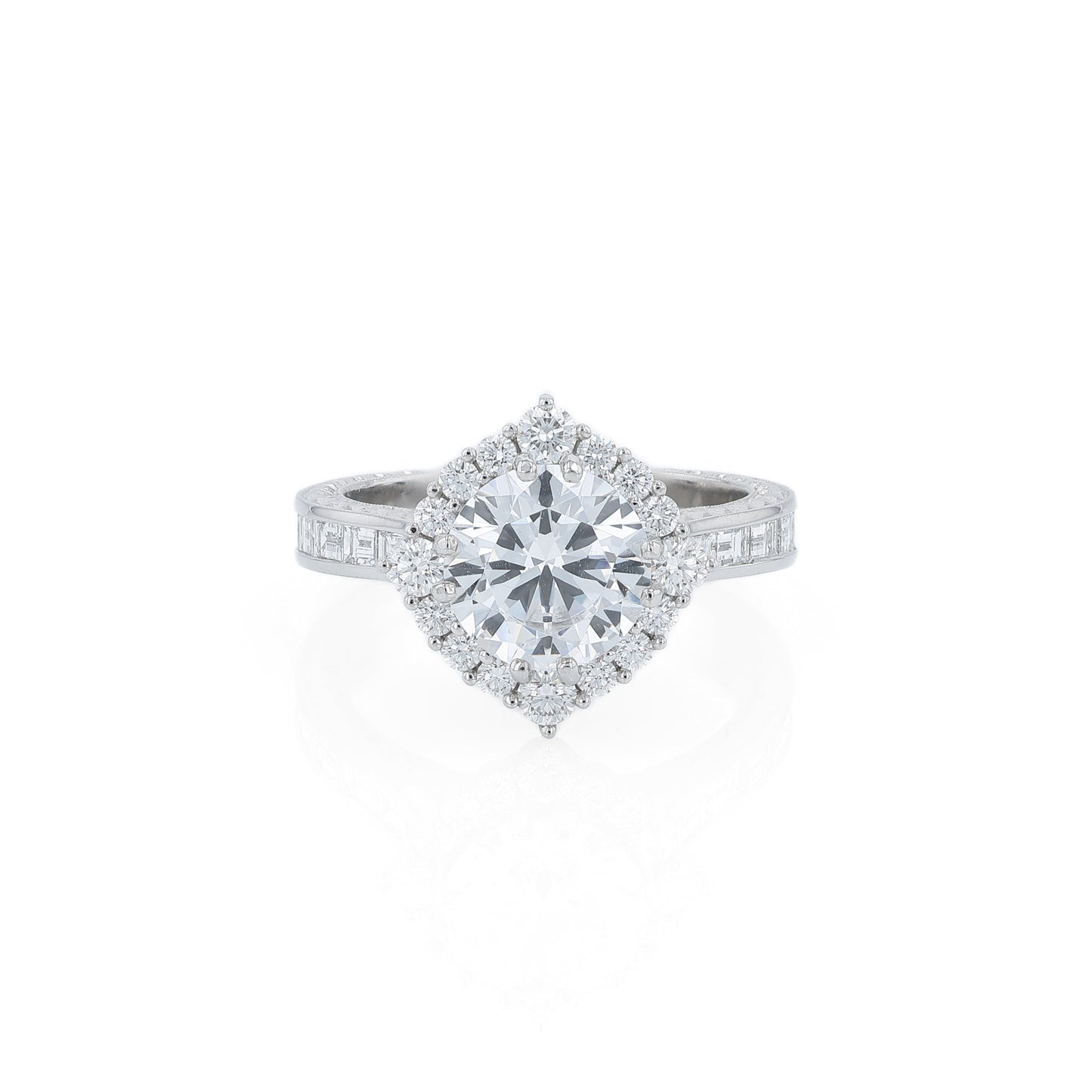 Platinum diamond halo engagement ring with diamond accents and a round cubic zirconia center on a white background
