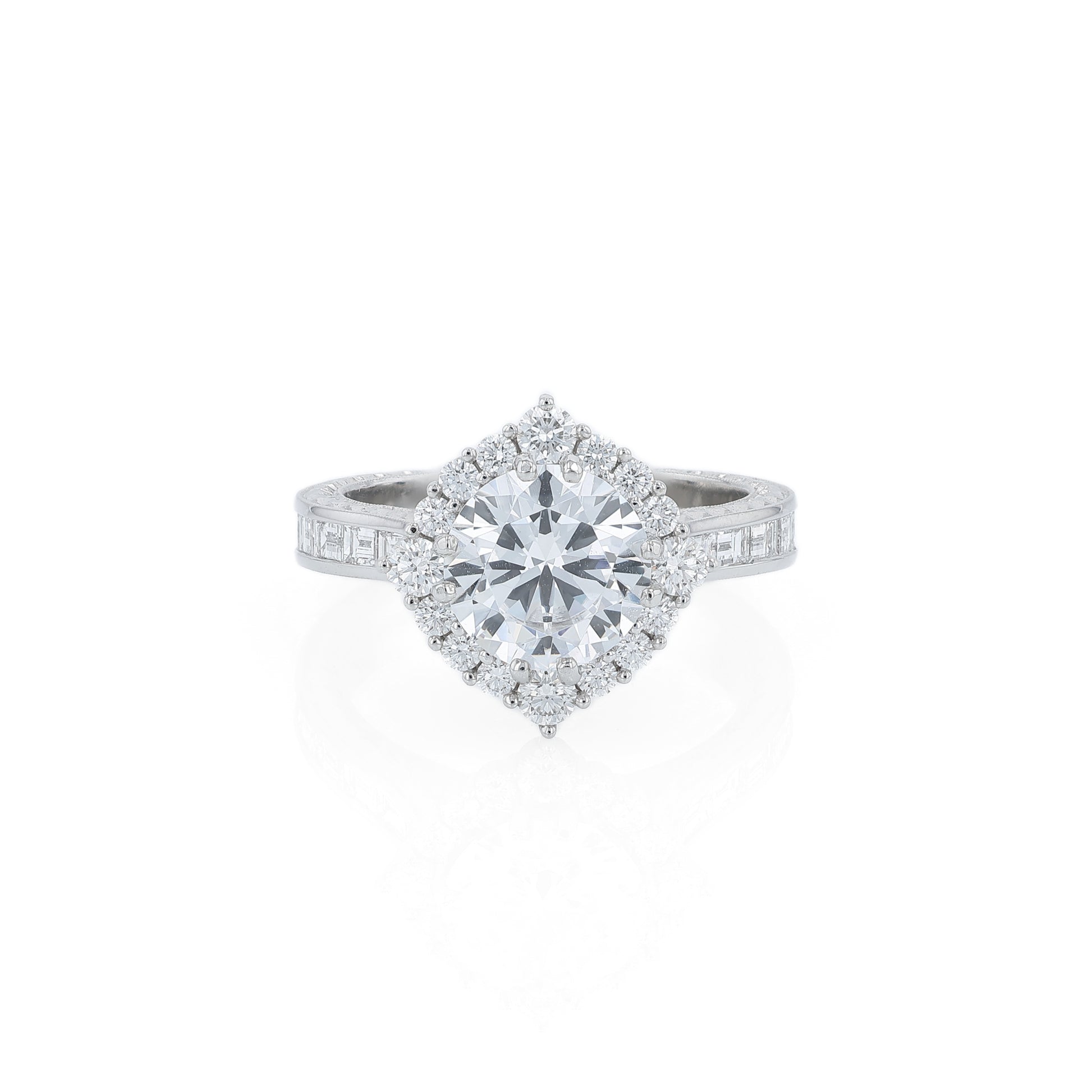 Platinum diamond halo engagement ring with diamond accents and a round cubic zirconia center on a white background