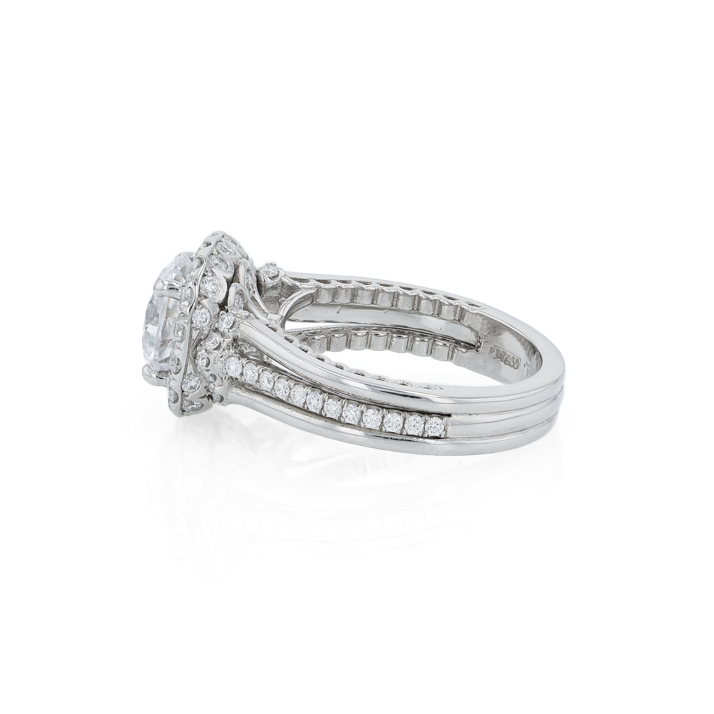 Platinum diamond halo engagement ring with diamond accents and a round cubic zirconia center on a white background