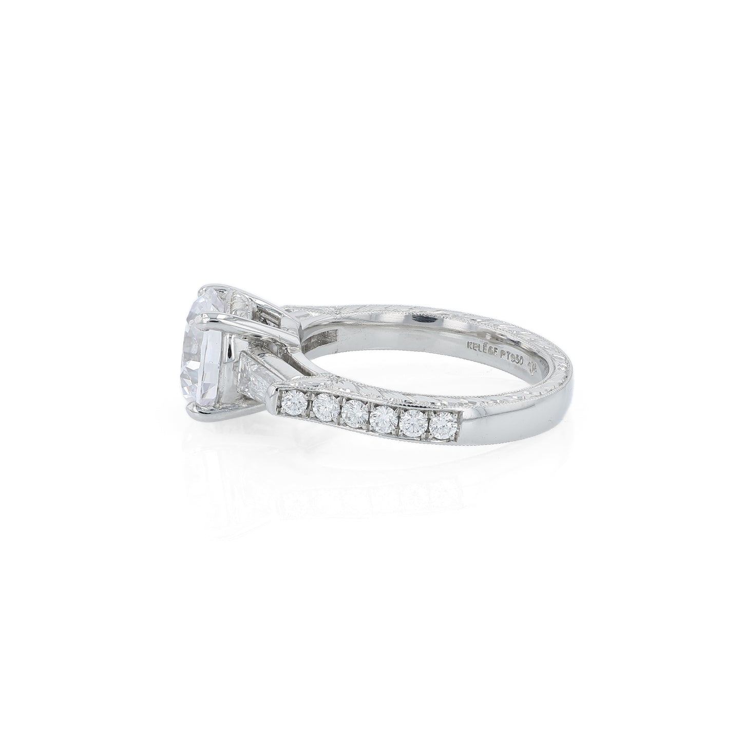 Platinum diamond engagement ring with diamond accents and a round cubic zirconia center on a white background
