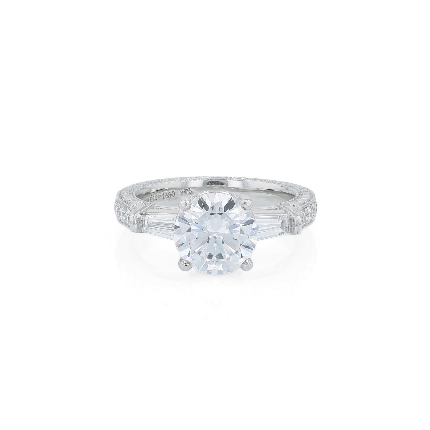 Platinum diamond engagement ring with diamond accents and a round cubic zirconia center on a white background
