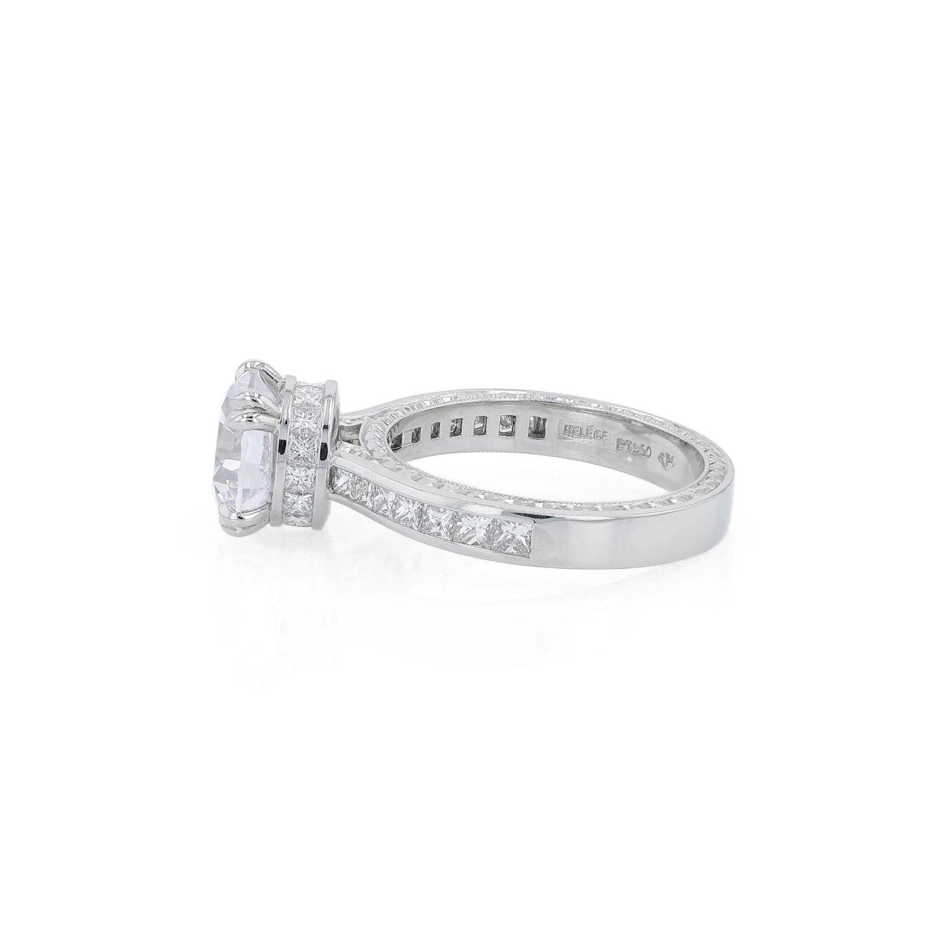 Platinum diamond engagement ring with diamond accents and a round cubic zirconia center on a white background