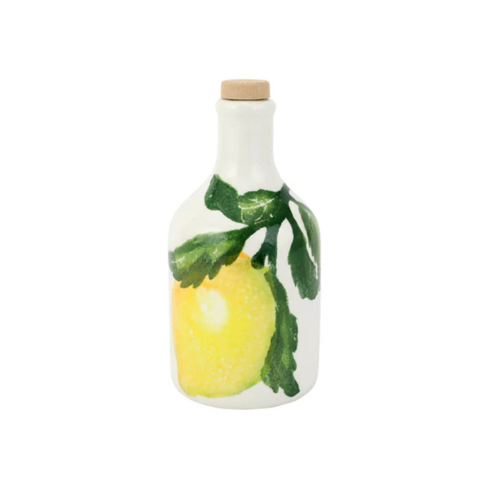 Olive Oil Bottle with lemon and leaf design on white background. 