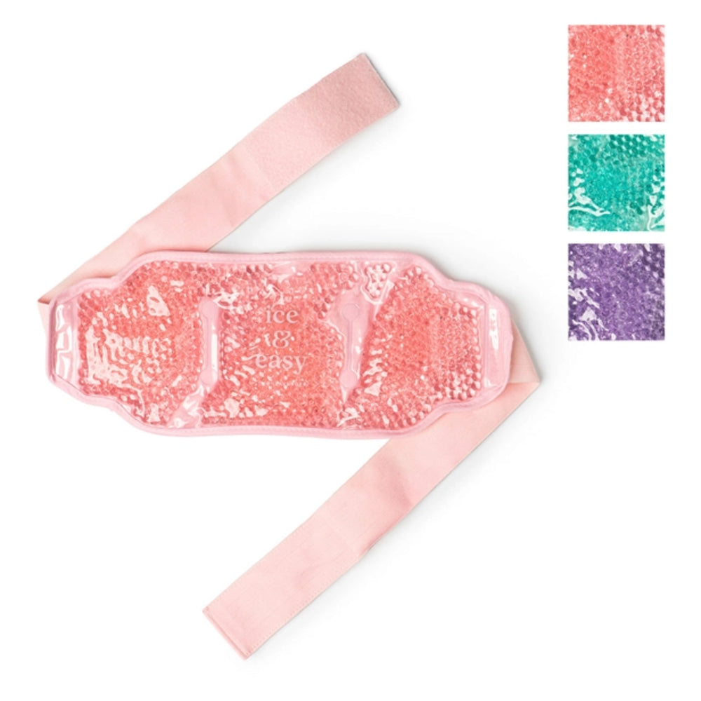 A pink textured gel cooling pad with a matching pink strap, shown on a white background with three small color swatches in the top right corner.