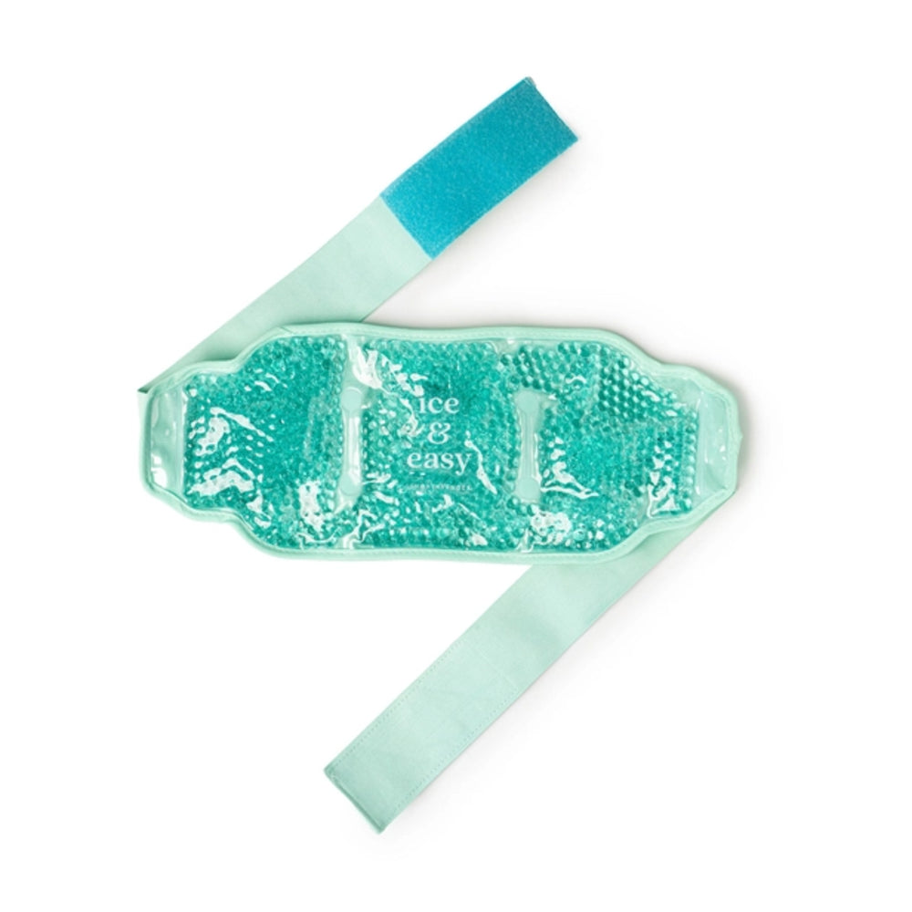 Turquoise ice pack with a strap on a white background