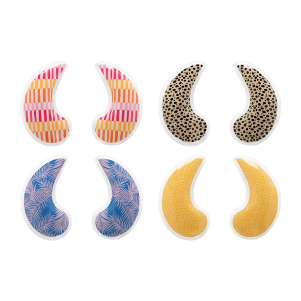 Set of colorful crescent-shaped coasters with various patterns on a white background