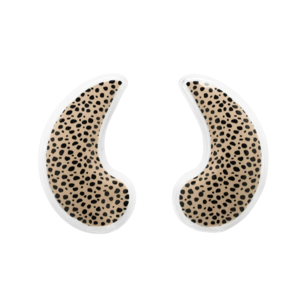 Pair of crescent-shaped earrings with a cheetah print pattern on a white background