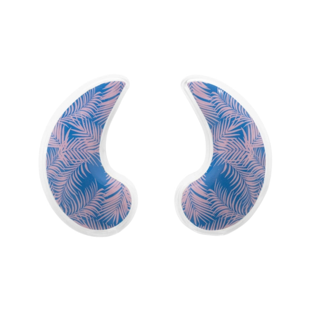 Two crescent-shaped eye pillows with a blue and pink leaf pattern on a white background.