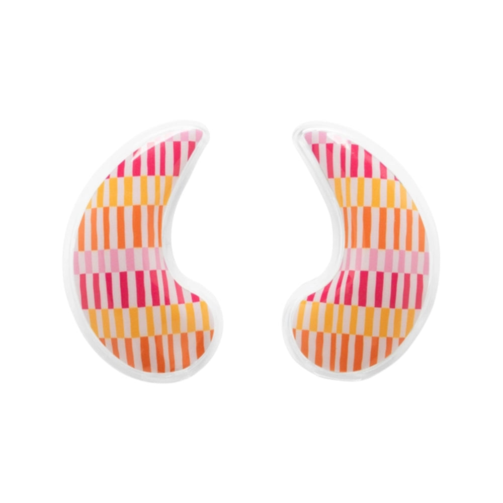 Two crescent-shaped gel pads with a colorful striped pattern in pink, orange, yellow, and white, shown on a plain white background.