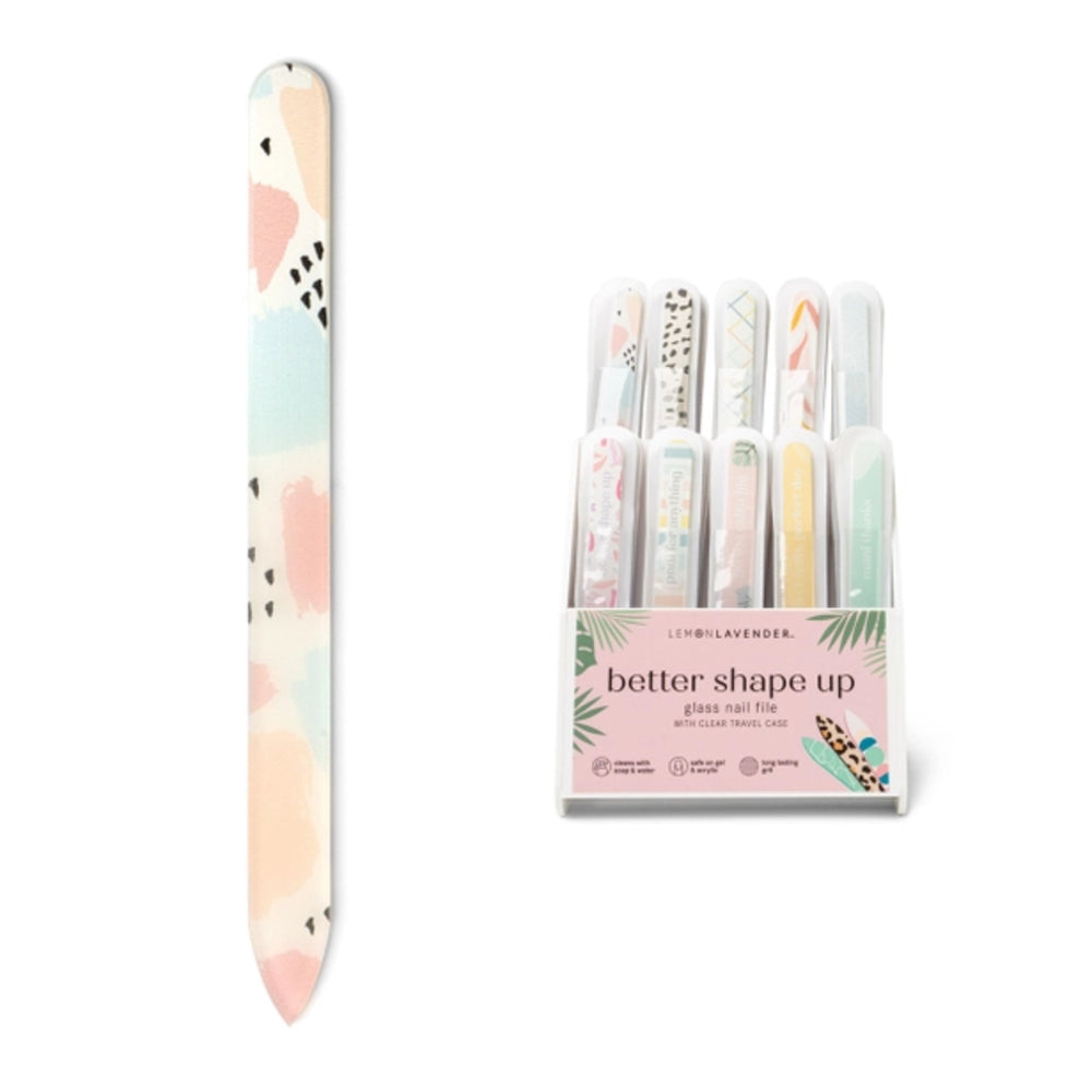 A single nail file shown upright beside its retail packaging. The file has a pastel abstract pattern in pink, peach, mint, and light blue with small black accents.