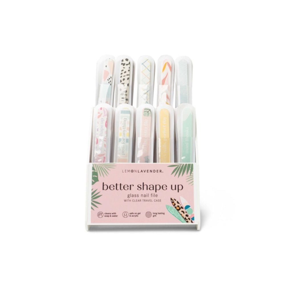 Set of glass nail files in a clear travel case with a pink label on a white background.
