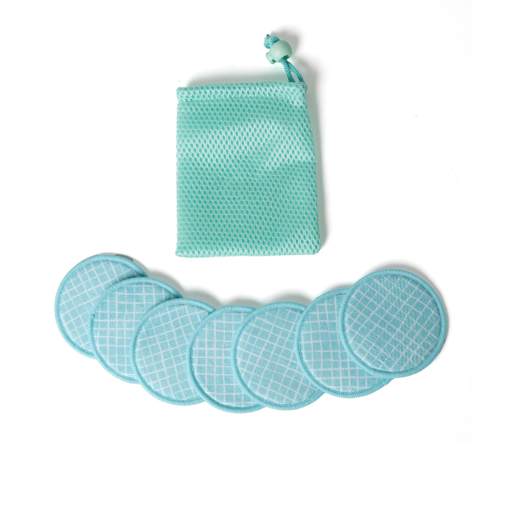 Set of six blue face rounds with a mesh storage bag on a white background