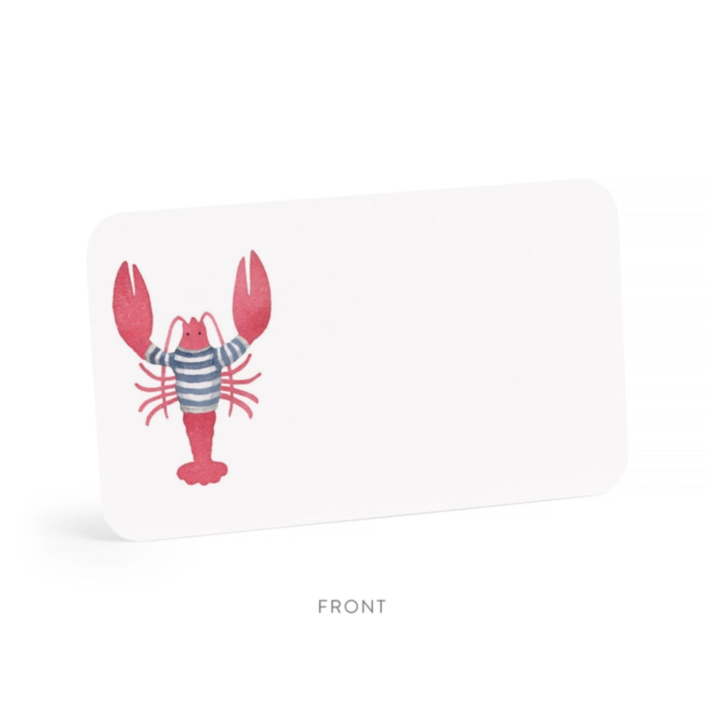 White note card with a red lobster design on a white background.