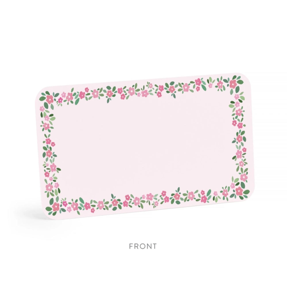 Front of a notecard with floral border design on a pink background with 'FRONT' text.