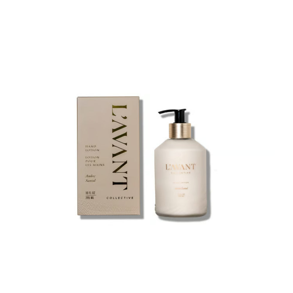 Lamont Hand Lotion in a frosted white pump bottle with a gold collar, shown next to its beige packaging box on a white background.