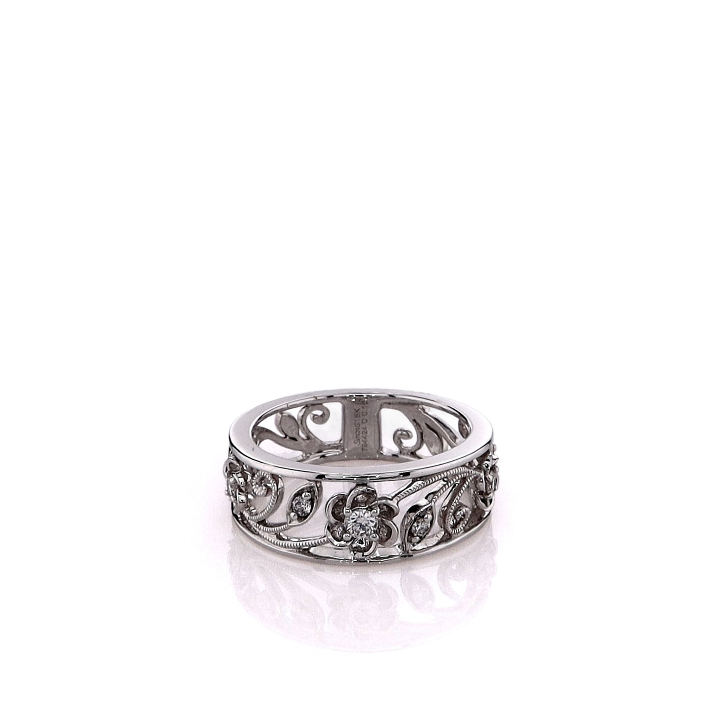 Simon G. 18k White Gold Floral and Leaf Design Open Work Diamond Band