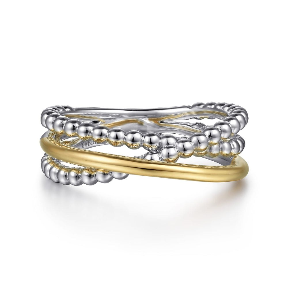 Three interlocking rings, two silver and one gold