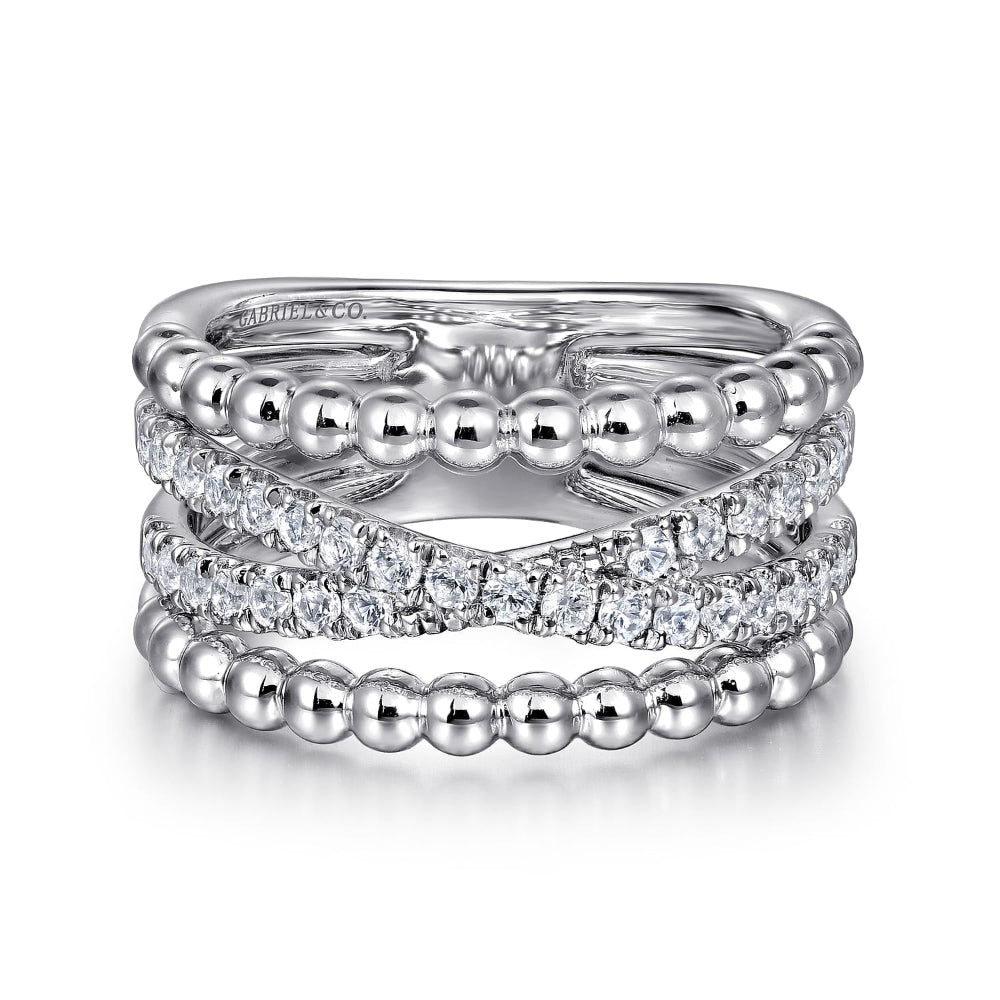 Silver and white sapphire beaded  wide band ring