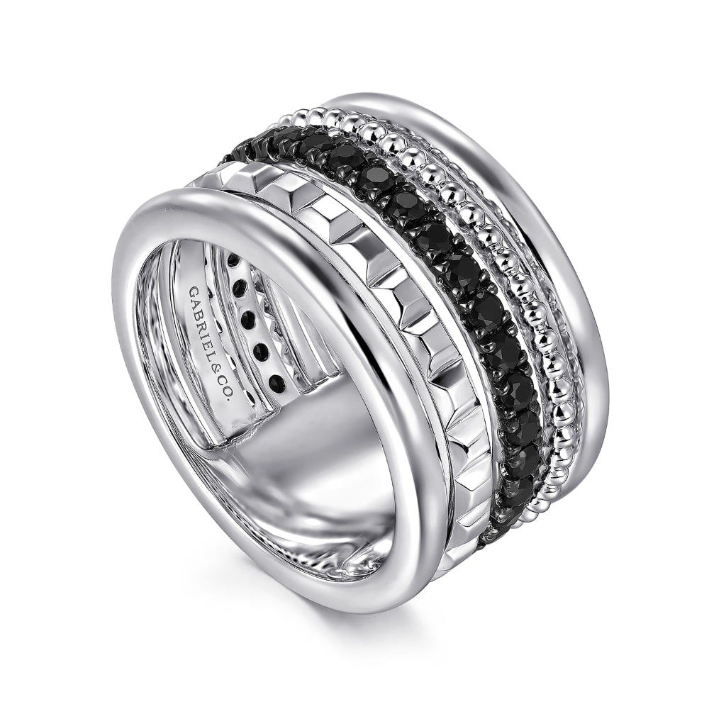 Stackable silver ring with black spinel gemstones 