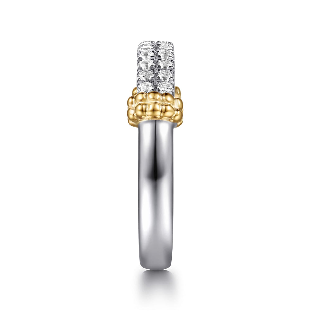 Two-tone ring with gold and silver design with white Sapphires 