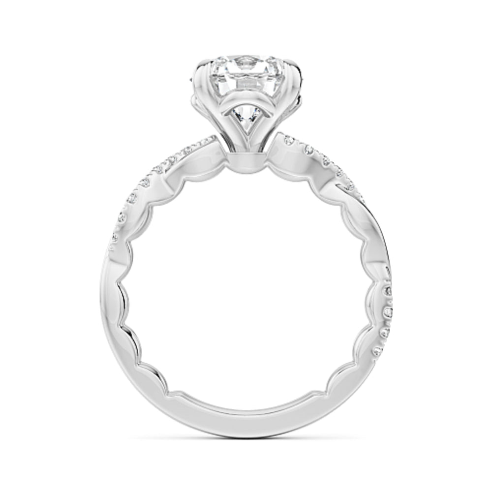 Diamond white gold Noam Carver ring with intricate twist design on a white background